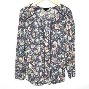 Lucky Brand Boho Purple Floral Print Long Sleeve Top Size Large Crochet Details